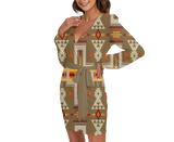 Powwow StoreGBNAT0006210  Pattern Native Long Sleeve Dress With Waist Belt