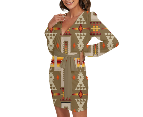 Powwow StoreGBNAT0006210  Pattern Native Long Sleeve Dress With Waist Belt