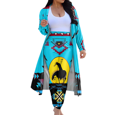 GB-NAT00026 Tribe Design Native American Cardigan Coat Long Pant Set