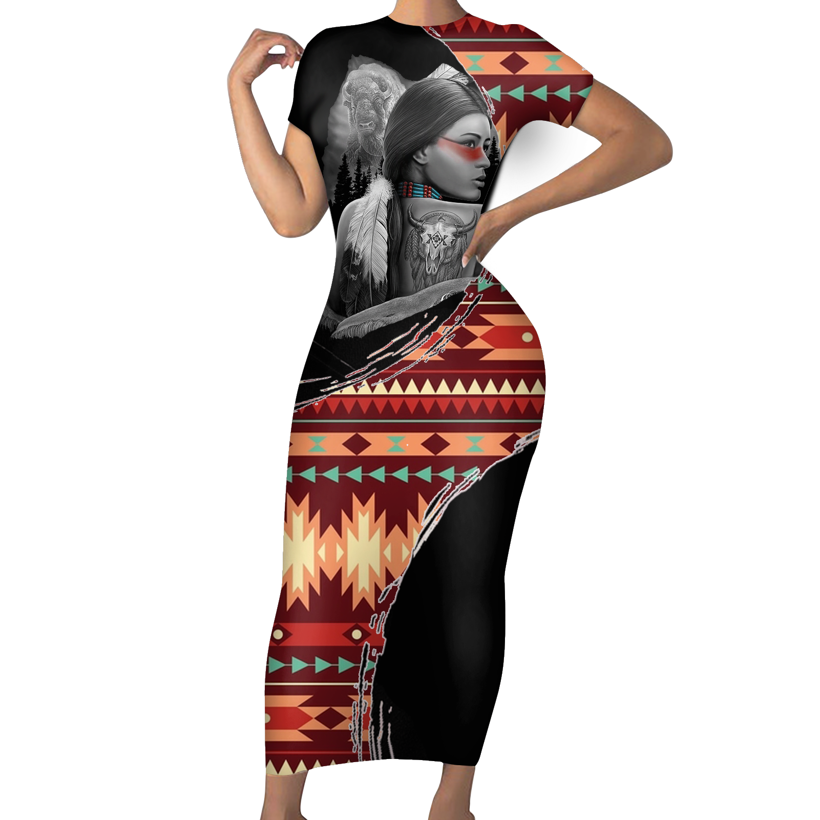Powwow StoreSBD0081 Pattern Native ShortSleeved Body Dress