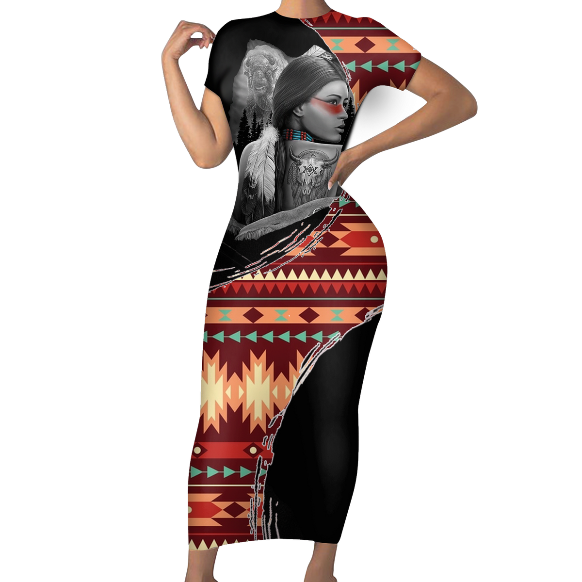 Powwow StoreSBD0081 Pattern Native ShortSleeved Body Dress
