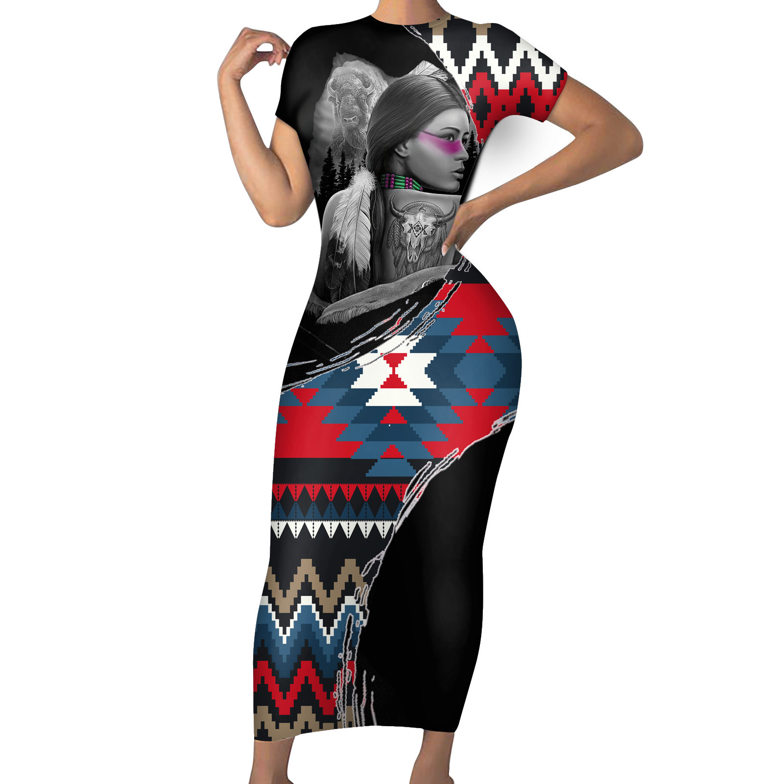 Powwow StoreSBD0084 Pattern Native ShortSleeved Body Dress