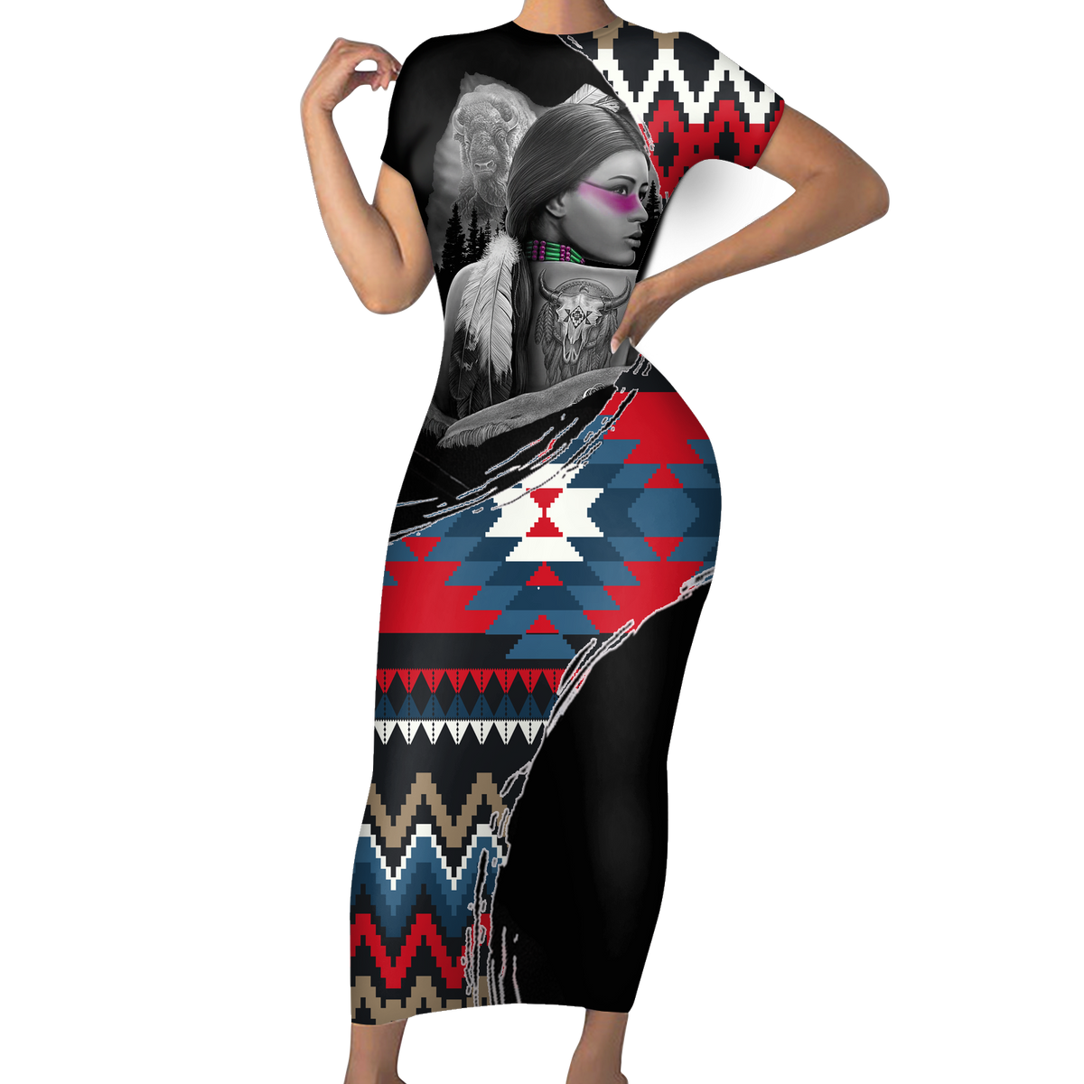 Powwow StoreSBD0084 Pattern Native ShortSleeved Body Dress