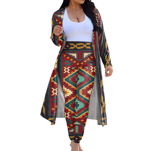GB-NAT00061 Tribe Design Native American Cardigan Coat Long Pant Set