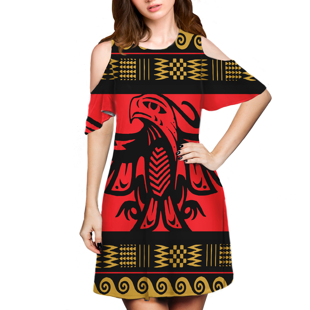 Powwow StoreGBNAT0004801 Pattern Native Cold Shoulder Dress With A Round Neckline