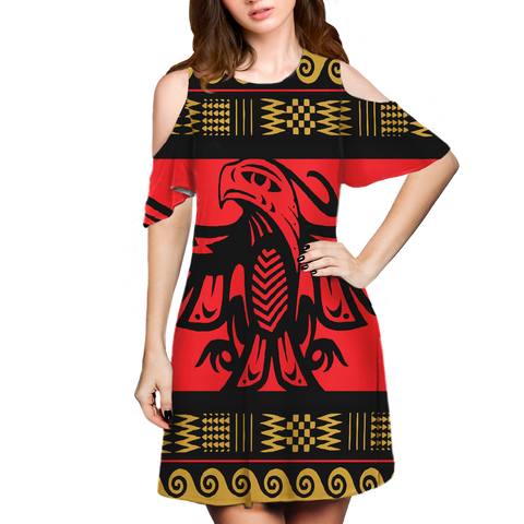 Powwow StoreGBNAT0004801 Pattern Native Cold Shoulder Dress With A Round Neckline