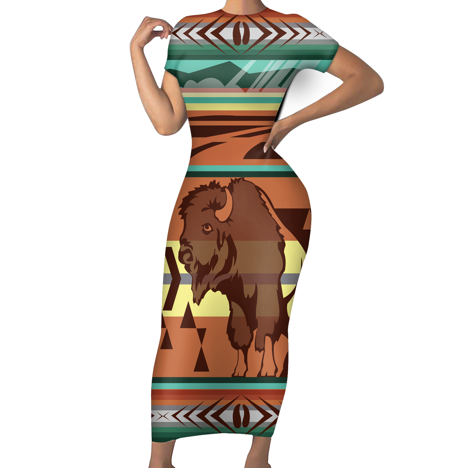 Powwow StoreGBNAT00024 Native Tribes Pattern Native American ShortSleeved Body Dress