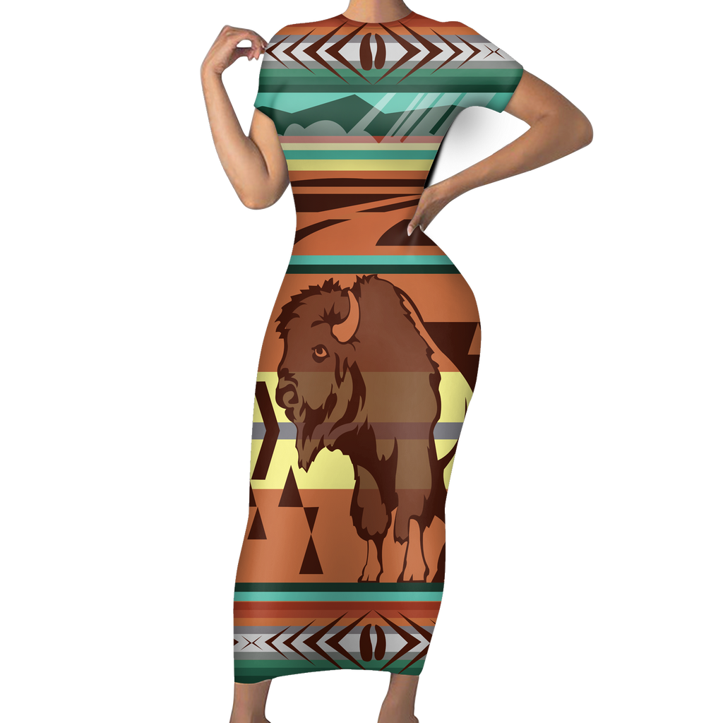 Powwow StoreGBNAT00024 Native Tribes Pattern Native American ShortSleeved Body Dress