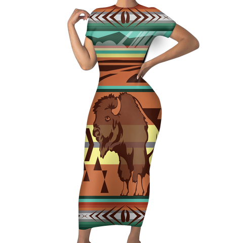 Powwow StoreGBNAT00024 Native Tribes Pattern Native American ShortSleeved Body Dress