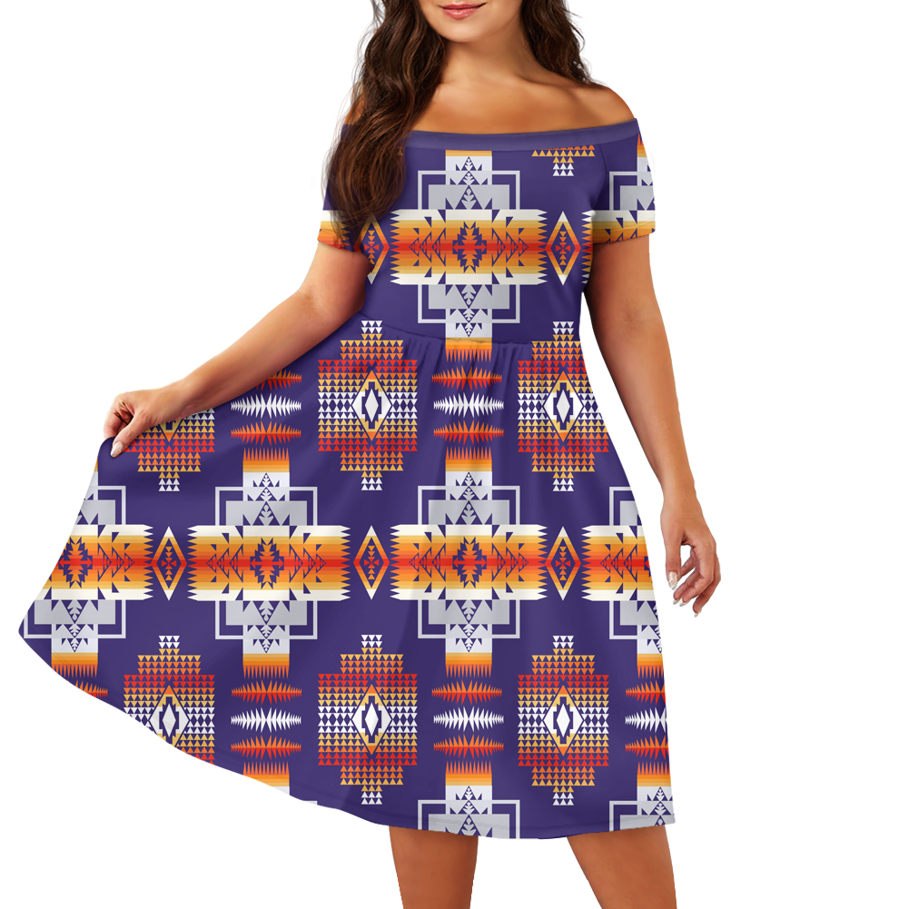 Powwow StoreGBNAT0004 Pattern Native Off Shoulder Short Sleeved Dress