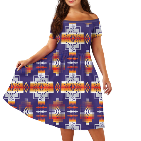 Powwow StoreGBNAT0004 Pattern Native Off Shoulder Short Sleeved Dress