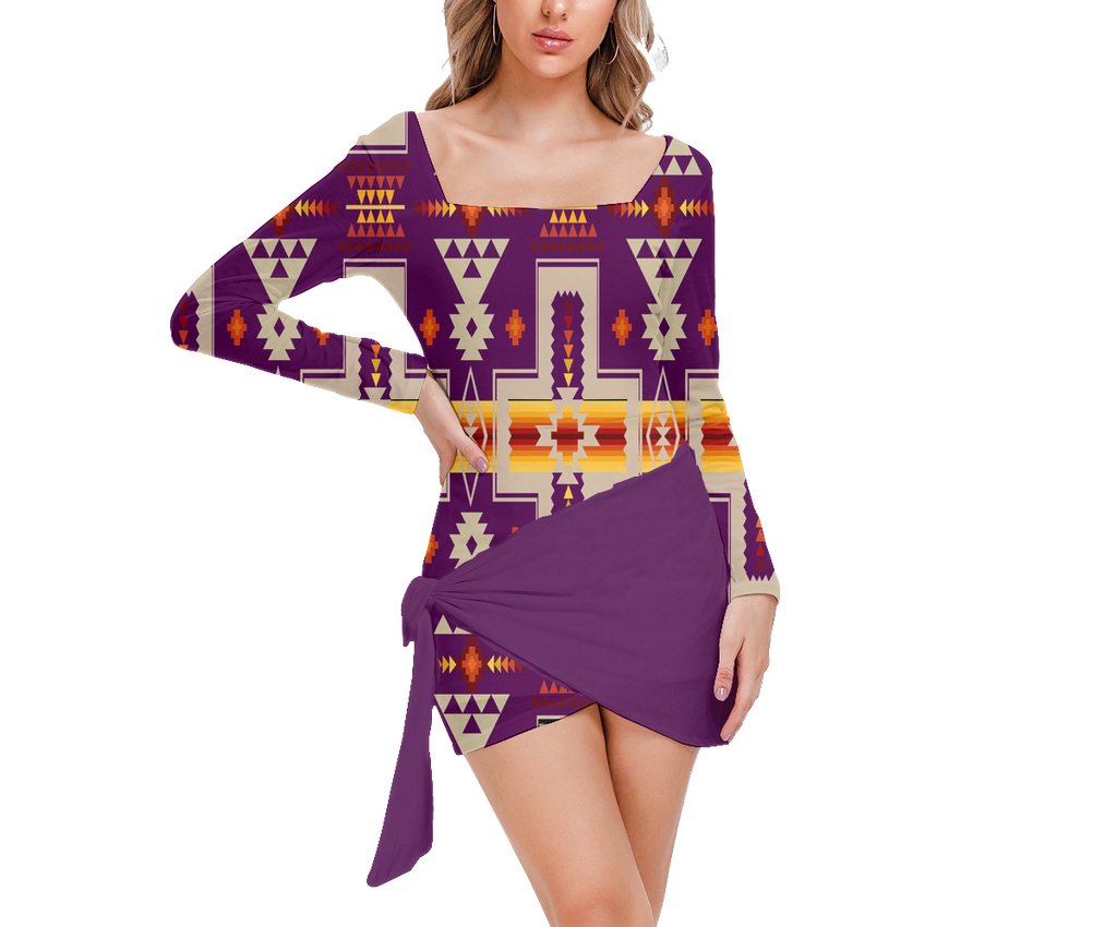 Powwow StoreGBNAT0006209 Pattern Native Women’s Square Collar Dress With Long Sleeve