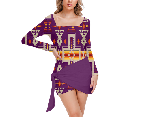 Powwow StoreGBNAT0006209 Pattern Native Women’s Square Collar Dress With Long Sleeve