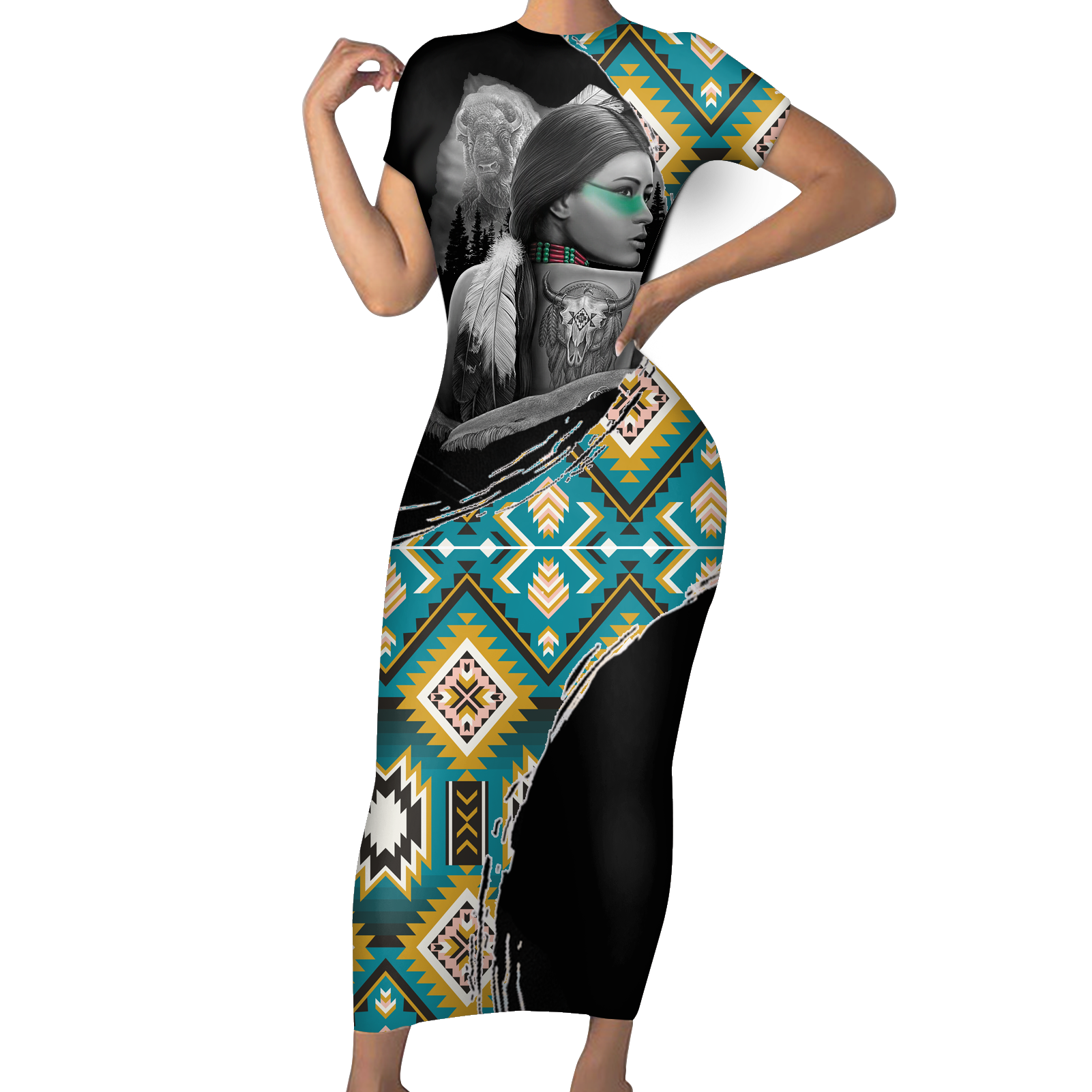 Powwow StoreSBD0092 Pattern Native ShortSleeved Body Dress