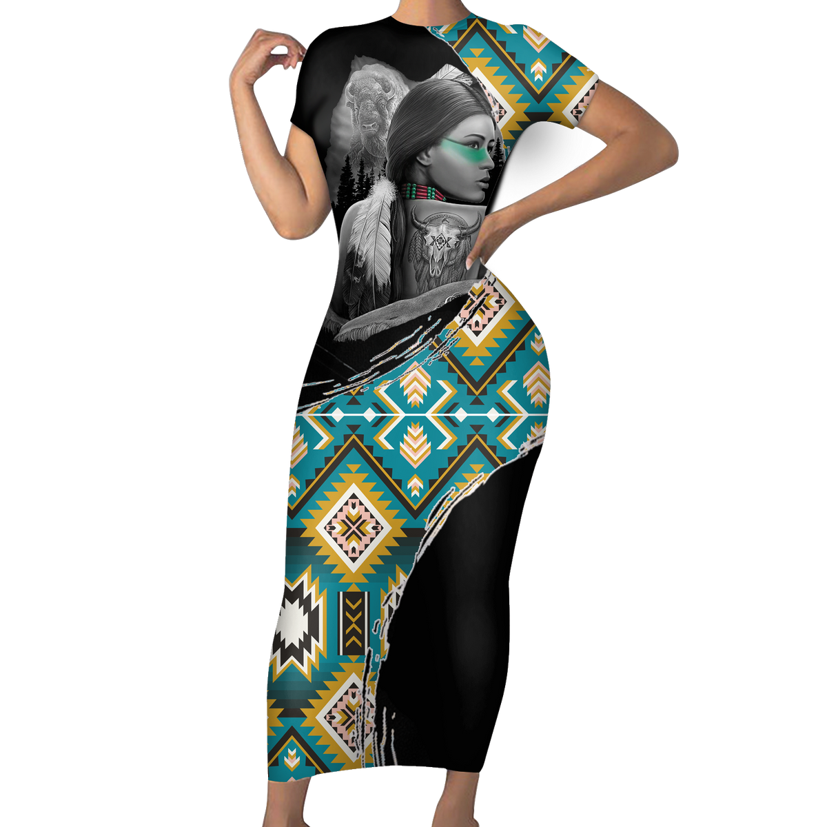 Powwow StoreSBD0092 Pattern Native ShortSleeved Body Dress