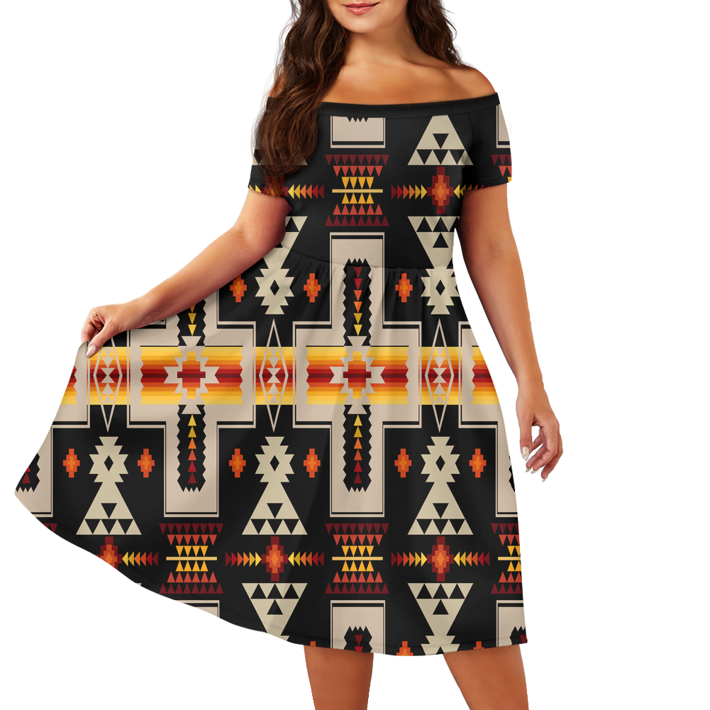 Powwow StoreGBNAT0006201  Pattern Native Off Shoulder Short Sleeved Dress