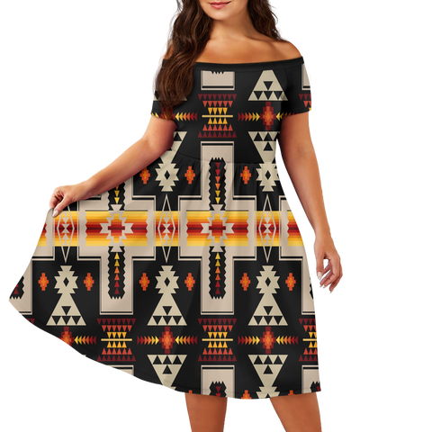 Powwow StoreGBNAT0006201  Pattern Native Off Shoulder Short Sleeved Dress