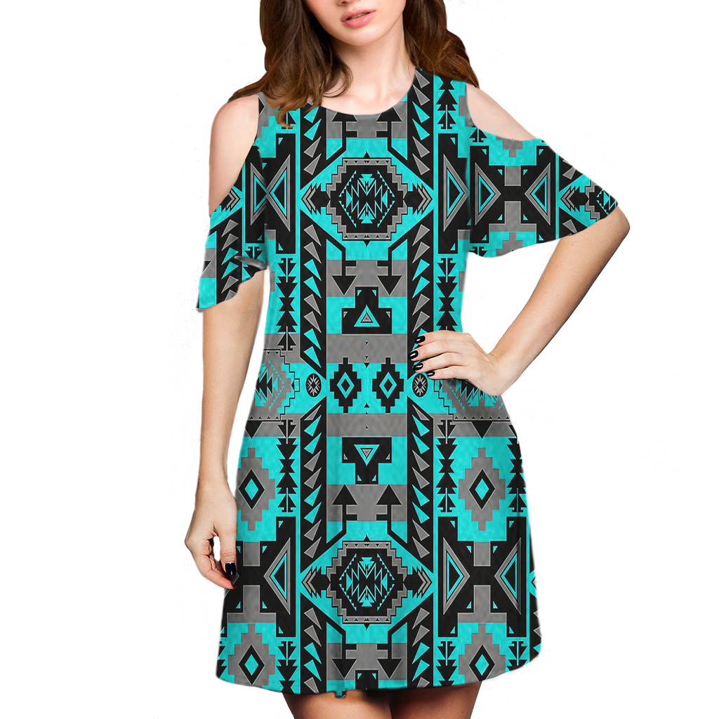 Powwow StoreGBNAT00626 Pattern Native Cold Shoulder Dress With A Round Neckline