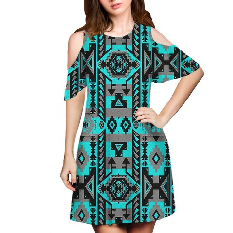 Powwow StoreGBNAT00626 Pattern Native Cold Shoulder Dress With A Round Neckline