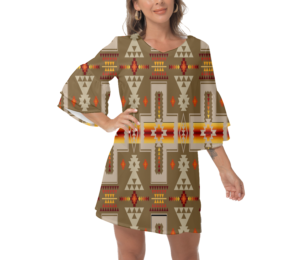 Powwow StoreGBNAT0006210 Native  Design Print Women's VNeck Dresss