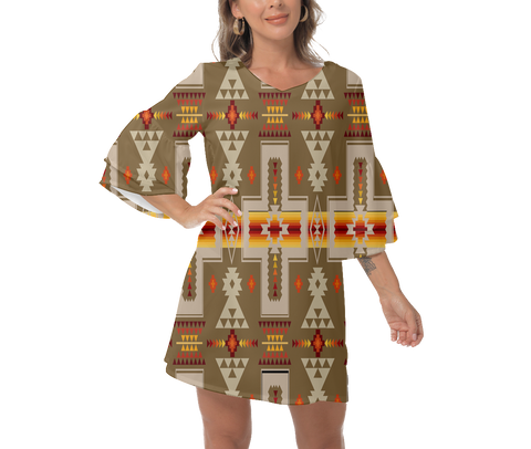 GB-NAT00062-10 Native  Design Print Women's V-Neck Dresss