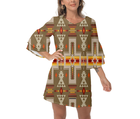 Powwow StoreGBNAT0006210 Native  Design Print Women's VNeck Dresss