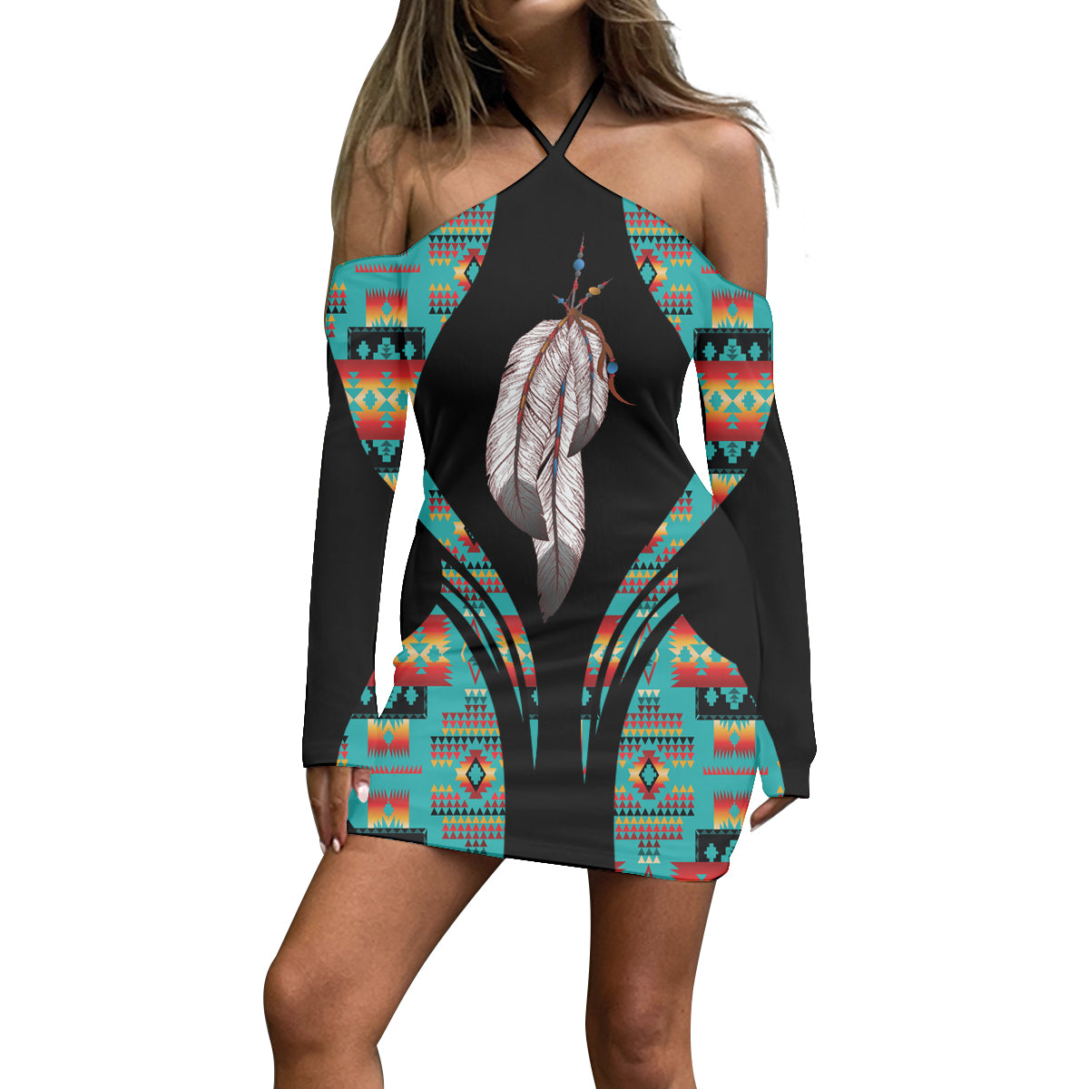 Powwow Store3WDSGA0600016 Pattern Native Women’s Stacked Hem Dress With Short Sleeve