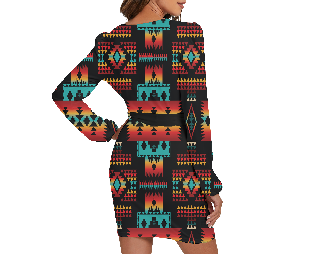 Powwow Storegb nat00046 02 pattern native long sleeve dress with waist belt
