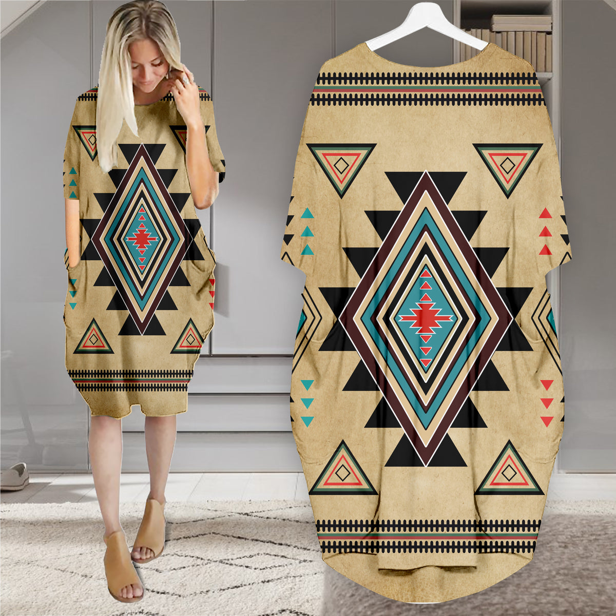 Powwow StoreGBNAT00076 Pattern Native Batwing Pocket Midi Dress