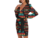 Powwow StoreGBNAT0004602 Pattern Native Long Sleeve Dress With Waist Belt