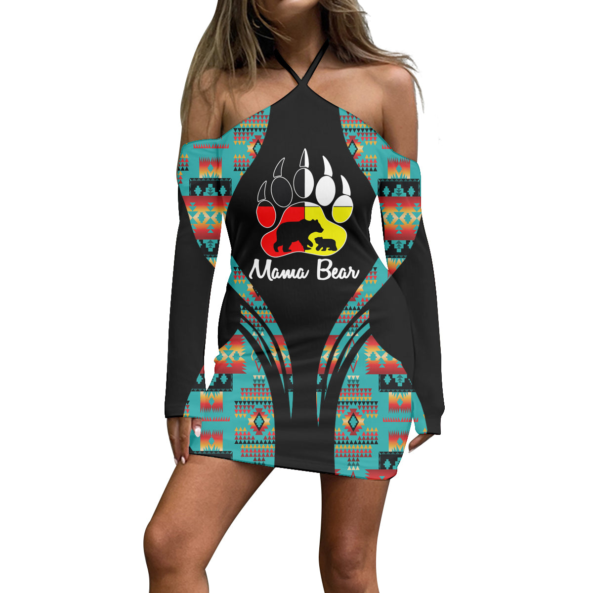 Powwow Store3WDSGA0600012 Pattern Native Women’s Stacked Hem Dress With Short Sleeve