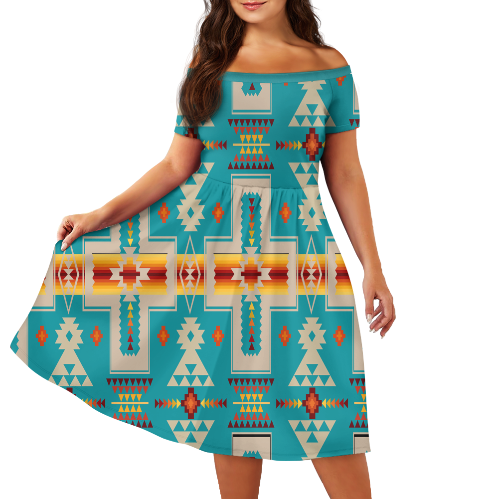 Powwow StoreGBNAT0006205 Pattern Native Off Shoulder Short Sleeved Dress