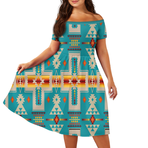 Powwow StoreGBNAT0006205 Pattern Native Off Shoulder Short Sleeved Dress