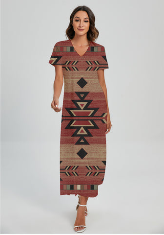 Powwow StoreGBNAT0033402 Pattern Native Vneck Dress With Side Slit