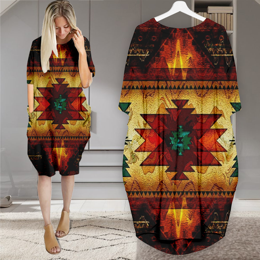 GB-NAT00068 Pattern Native Batwing Pocket Midi Dress