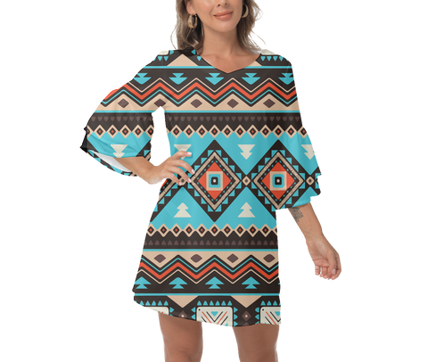 GB-NAT00319 Native  Design Print Women's V-Neck Dresss