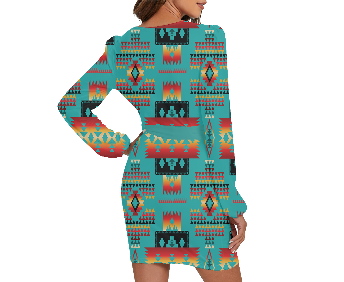 Powwow Storegb nat00046 01 pattern native long sleeve dress with waist belt