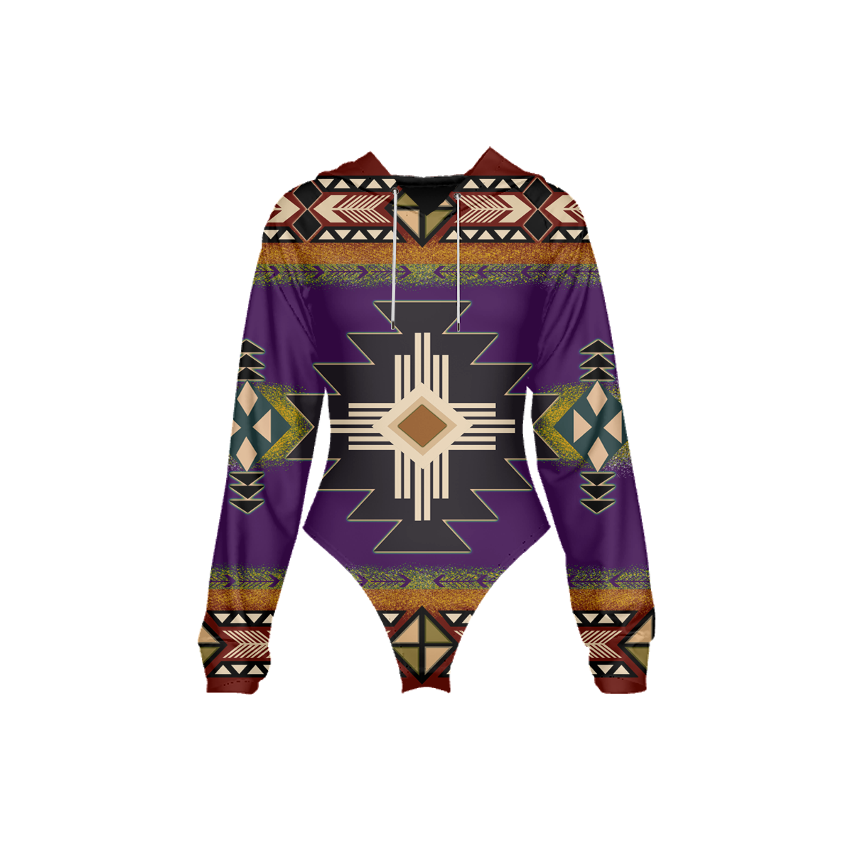 GB-NAT0001-04 Tribes Pattern Women's Raglan Sleeve Hooded Bodysuit