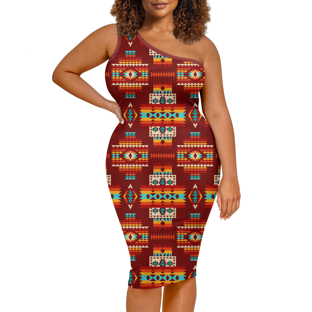 Powwow StoreGBNAT0040202 Pattern Native Women's OneShoulder Slim Dress