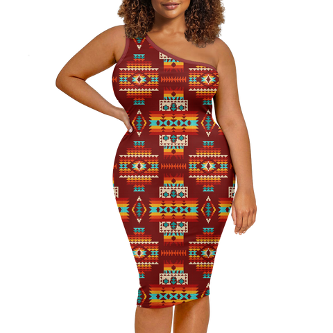 Powwow StoreGBNAT0040202 Pattern Native Women's OneShoulder Slim Dress