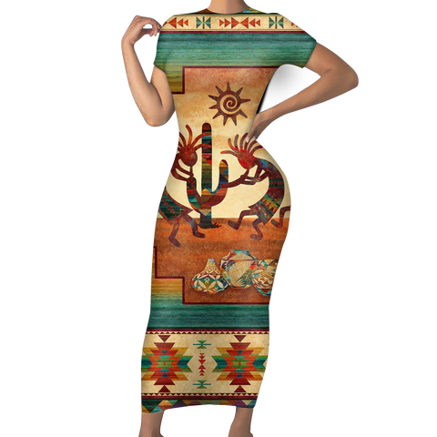 Powwow StoreGBNAT00054  Native Tribes Pattern Native American ShortSleeved Body Dress