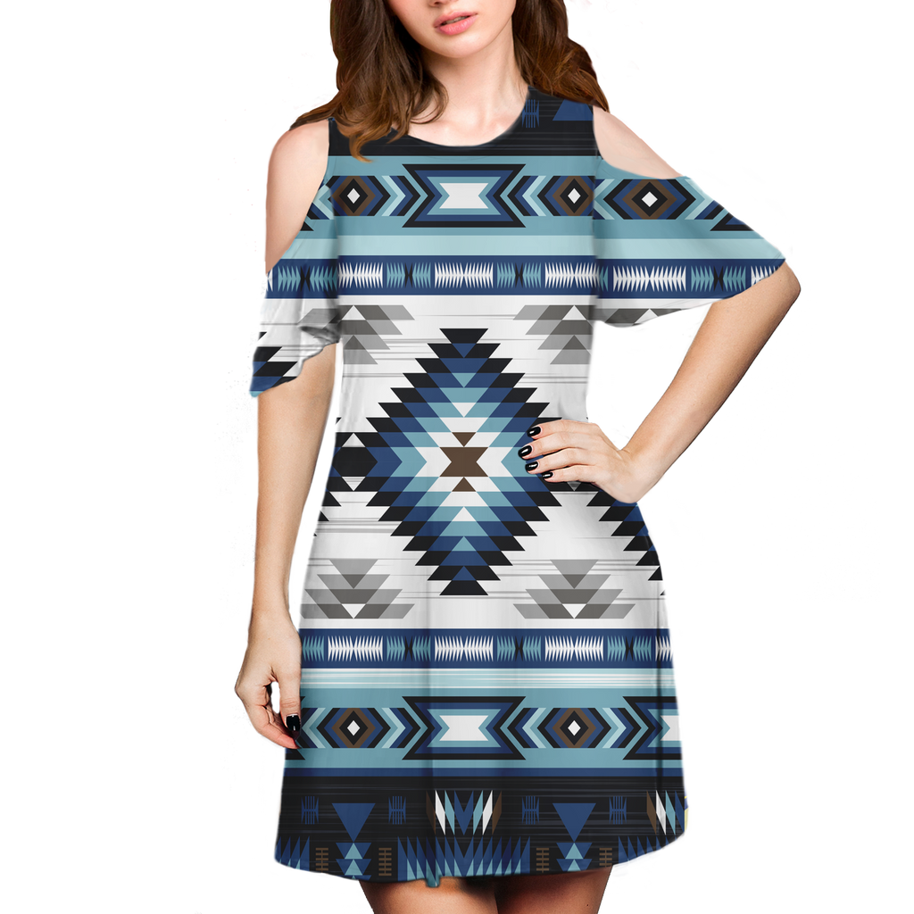 Powwow StoreGBNAT00528 Pattern Native Cold Shoulder Dress With A Round Neckline