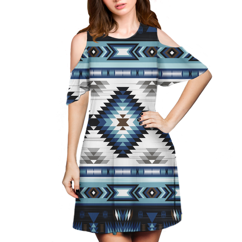 Powwow StoreGBNAT00528 Pattern Native Cold Shoulder Dress With A Round Neckline