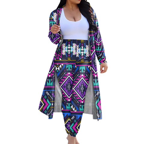 GB-NAT00380 Purple Tribe  Native American Cardigan Coat Long Pant Set