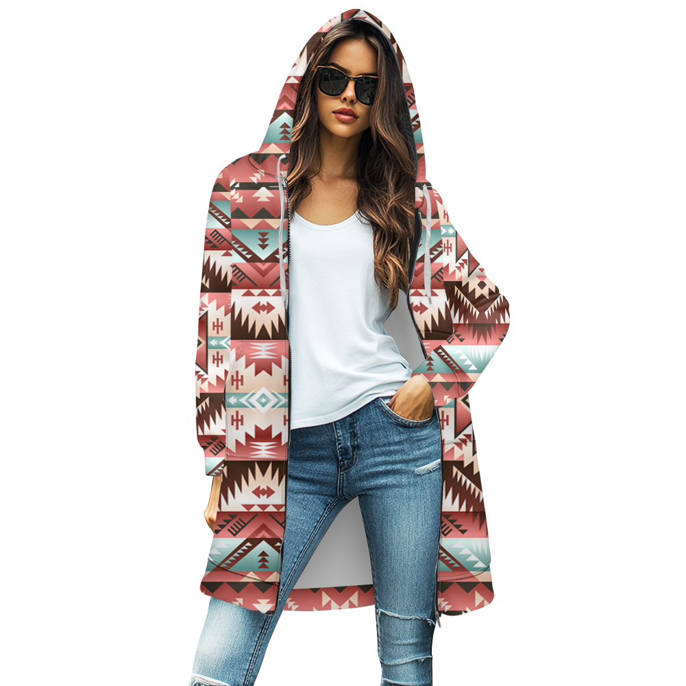 GB NAT00540 Seamless Ethnic Women s Mid Length Hooded Sweatshirt Cardi Powwow Store