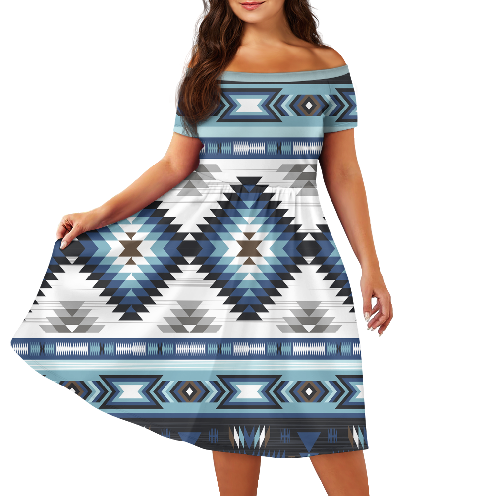 Powwow StoreGBNAT00528 Pattern Native Off Shoulder Short Sleeved Dress