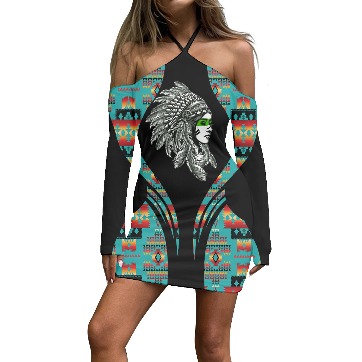 Powwow Store3WDSGA0600013 Pattern Native Women’s Stacked Hem Dress With Short Sleeve