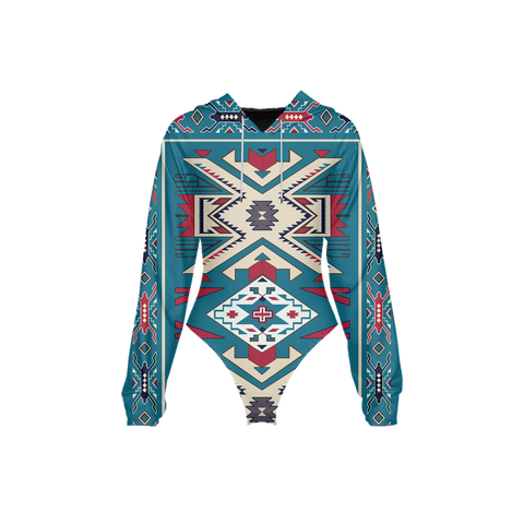 Powwow StoreGBNAT0003 Tribes Pattern Women's Raglan Sleeve Hooded Bodysuit