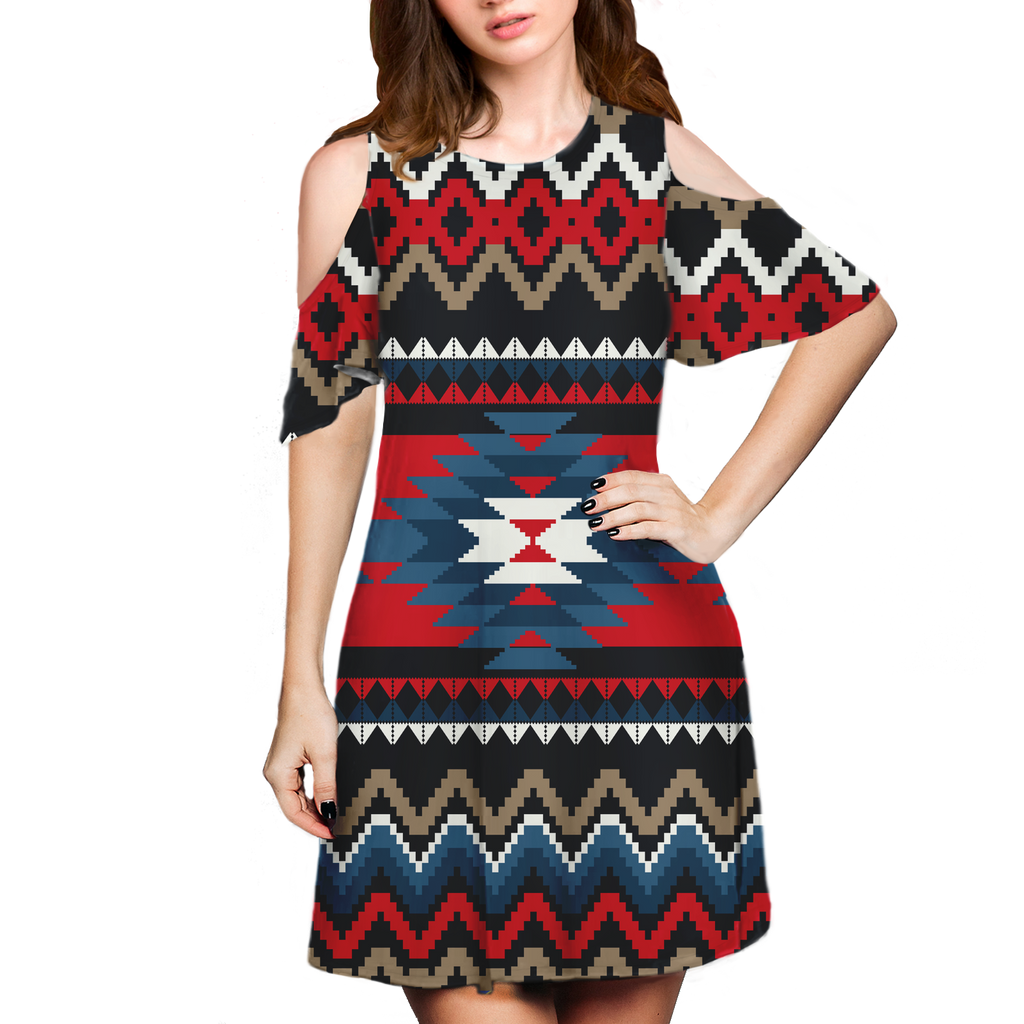 Powwow StoreGBNAT00529  Pattern Native Cold Shoulder Dress With A Round Neckline