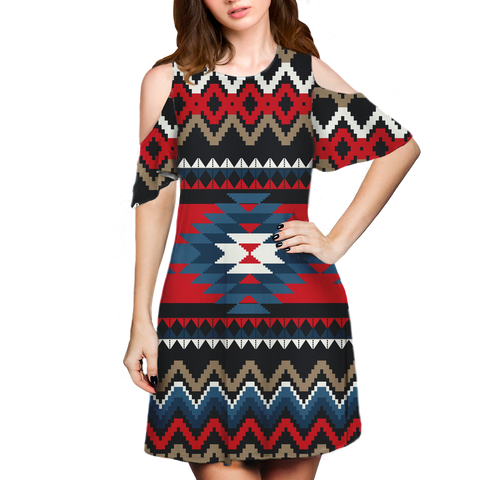 Powwow StoreGBNAT00529  Pattern Native Cold Shoulder Dress With A Round Neckline